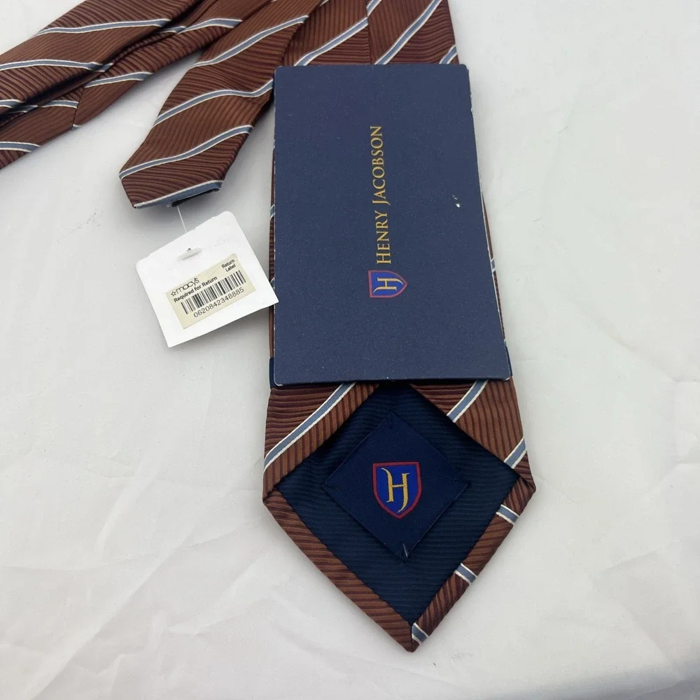 HENRY JACOBSON 100% Silk NECKTIE Tie Brown w blue Stripes Brand New made by hand